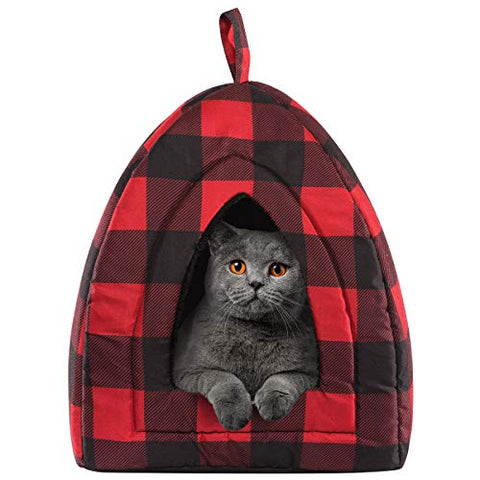 Hollypet Cat Bed Kitten Bed Self-Warming 2-in-1 Foldable Comfortable Igloo Triangle Pet Tent House