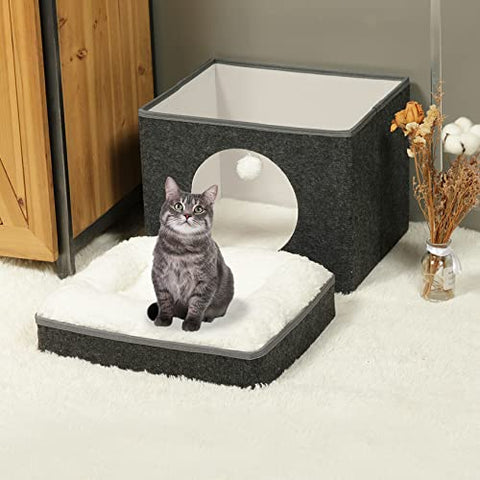 Bonlife Winter Felt Small Cat House Indoor,Foldable Pets Bed Cave Kennel with Two Move Cushion,Dog Bed Warm Comfortable