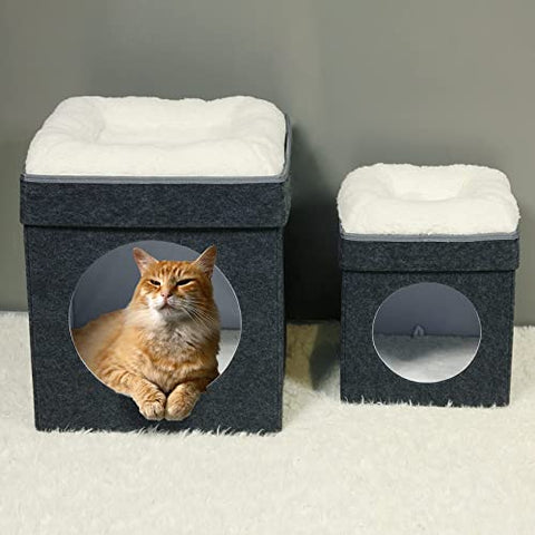 Bonlife Winter Felt Small Cat House Indoor,Foldable Pets Bed Cave Kennel with Two Move Cushion,Dog Bed Warm Comfortable