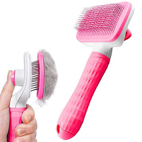 Dog Brush Cat Brush Grooming Comb,Self Cleaning Cat Dog Slicker Brushes with Smooth handle,Pet Grooming Tool with Cleaning Button for Cat Dog Shedding Brush Cat Dog Massage Clean Tangled Brush