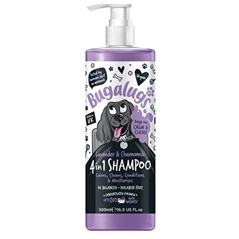 Dog Shampoo by Bugalugs lavender & chamomile 4 in 1 dog grooming shampoo products for smelly dogs with fragrance, best puppy shampoo, professional groom Vegan pet shampoo & conditioner