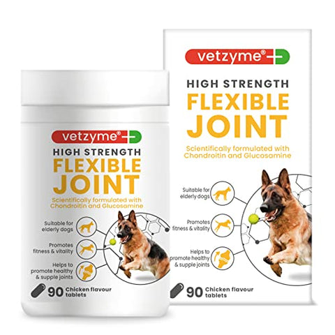 Vetzyme | High Strength Flexible Joint Supplements for Senior Dogs | Hip & Joint Care Tablets | Tasty Chicken Treats with Glucosamine & Omega 3, 90 Count