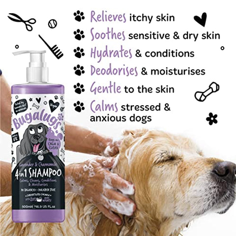 Dog Shampoo by Bugalugs lavender & chamomile 4 in 1 dog grooming shampoo products for smelly dogs with fragrance, best puppy shampoo, professional groom Vegan pet shampoo & conditioner