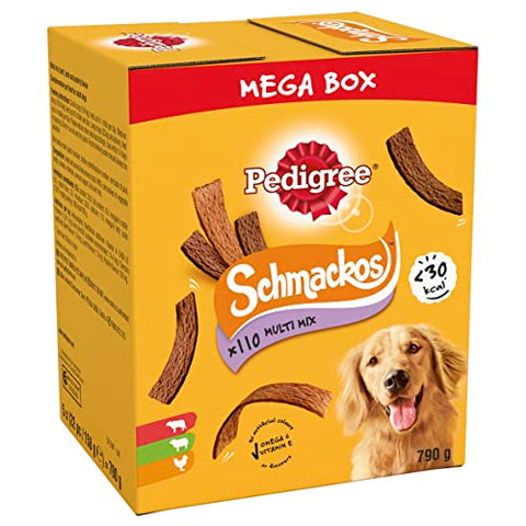 Pedigree Schmackos Mega Pack 110 Strips Snacks, Dog Treat Multipack with Beef, Lamb and Poultry Flavours