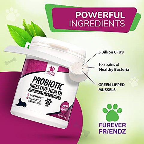 Pet Probiotics for Dogs Tablet – Chicken Flavour Dog Digestive Supplements with Enzymes, Bromelain & Prebiotic for Dogs – No Gluten, GMO, Soy or Dairy – Dog Probiotic by Furever Friendz