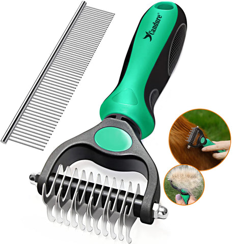 Candure Dematting Comb for Dog and Cat, Pet Grooming Rake and Brushes for Small, Medium & Large Dogs 17+9 Double Sided Deshedding Tool Removes Knots and Tangled Hair